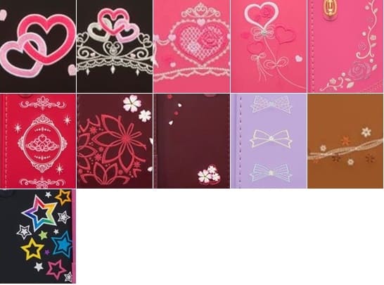 フィットちゃん女の子のデザインはハートやティアラの刺繍、リボンや桜、バラなどの刺繍が可愛らしい